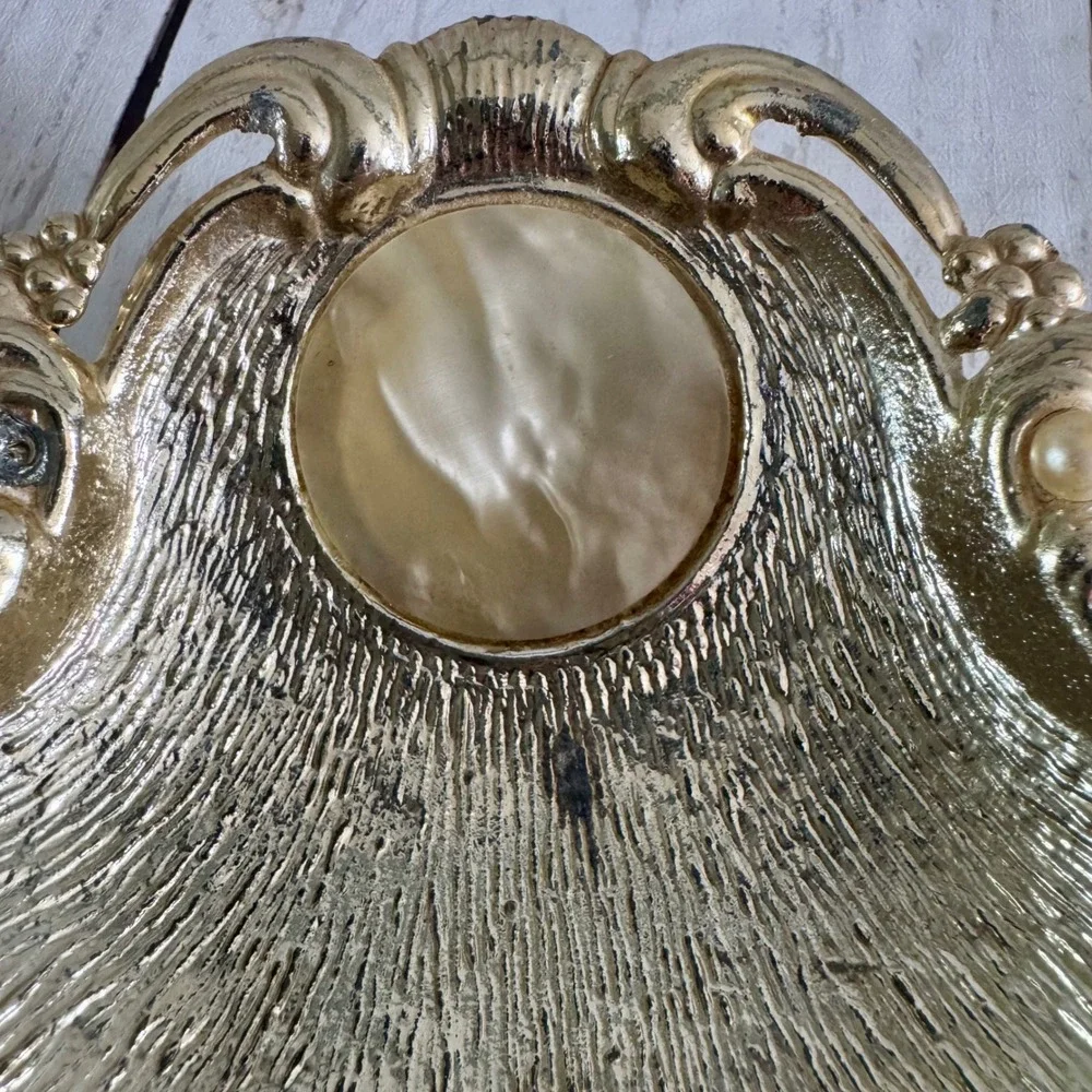 Vintage Hollywood Regency Gold Shell Trinket Dish Footed Faux Pearl Jewelry Tray